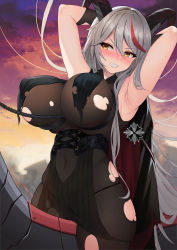 Rule 34 | 1girl, absurdly long hair, aegir (azur lane), armpits, arms behind head, arms up, azur lane, bare shoulders, black cape, black gloves, black panties, blush, bodystocking, breast curtains, breasts, cape, clenched teeth, cloud, commentary request, corset, covered erect nipples, covered navel, cowboy shot, cross, demon horns, dusk, facing viewer, gloves, gradient sky, grimace, hair between eyes, highres, horns, iron cross, large breasts, long hair, looking to the side, multicolored hair, non-humanoid robot, nose blush, paid reward available, panties, purple sky, red hair, restrained, robot, robot animal, robot dragon, rope, sidelocks, silver hair, sitting, skindentation, sky, solo, streaked hair, takibi (tamikyo), teeth, torn bodystocking, torn clothes, two-tone hair, underbust, underwear, very long hair, yellow eyes