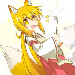 Rule 34 | :d, alternate costume, animal ears, blonde hair, commentary request, cooking, cosplay, fox ears, fox tail, hakama, hakama skirt, highres, japanese clothes, kantai collection, kemonomimi mode, ladle, looking at viewer, low twintails, miko, open mouth, satsuki (kancolle), skirt, smile, tail, twintails, ver norma2, yellow eyes