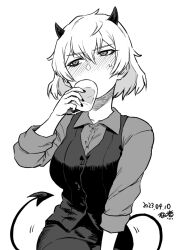 Rule 34 | alcohol, black horns, black tail, blush, breasts, cowboy shot, cup, dated, demon girl, demon horns, demon tail, double-parted bangs, drinking, drinking glass, greyscale, helltaker, holding, holding cup, horns, large breasts, looking away, malina (helltaker), monochrome, short hair, signature, sleeves rolled up, sweatdrop, tail, tsukudani (coke-buta), waistcoat, white hair