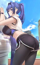 Rule 34 | 1girl, alternate costume, ass, azur lane, black pantyhose, black shorts, blue eyes, blue hair, blue nails, blue sky, blurry, blurry background, breasts, closed mouth, commentary request, fouriasensei, from side, hair intakes, hair ornament, highres, large breasts, long hair, looking at viewer, looking to the side, nail polish, new jersey (azur lane), outdoors, pantyhose, ponytail, short shorts, short sleeves, shorts, sky, smile, solo, sweat, thighs, towel