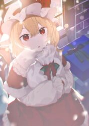 Rule 34 | 1girl, bag, blonde hair, box, capelet, christmas, flandre scarlet, fur-trimmed capelet, fur trim, gift, gift box, hat, highres, holding, holding bag, laspberry., mob cap, red capelet, red eyes, red skirt, shirt, short hair, skirt, solo, touhou, white shirt