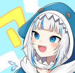 Rule 34 | 1girl, :d, a (phrase), absurdres, animal hood, blue background, blue eyes, blue hair, blue hoodie, blush, commentary request, fish, gawr gura, gawr gura (1st costume), highres, hololive, hololive english, hood, hood up, hoodie, looking at viewer, multicolored hair, open mouth, portrait, shark hood, sharp teeth, smile, solo, streaked hair, tabi (cufs5442), teeth, upper teeth only, virtual youtuber, white background, yellow background
