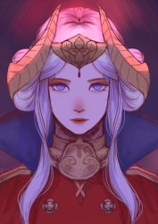 Rule 34 | 1girl, blonde hair, blue eyes, crown, edelgard von hresvelg, fire emblem, fire emblem: three houses, hair ornament, highres, horns, jewelry, long hair, looking at viewer, nintendo, aged up, serious, simple background, solo, tsukiyumi