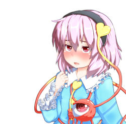 Rule 34 | 1girl, blush, female focus, hairband, hand on own chest, highres, komeiji satori, peso (cheese company), pink hair, red eyes, simple background, solo, third eye, touhou, white background