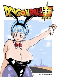 Rule 34 | 1girl, blue eyes, blue hair, blush, breasts, bulma, cleavage, dragon ball, dragon ball super, highres, hitchhiking, huge breasts, leotard, lipstick, looking at viewer, makeup, mature female, outstretched arm, outstretched hand, playboy bunny, red lips, solo, tagme, ultivlad