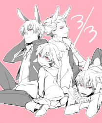 Rule 34 | 4boys, animal ears, child, dated, earrings, fate/hollow ataraxia, fate/stay night, fate/zero, fate (series), fur trim, gilgamesh (fate), hood, hoodie, jacket, jewelry, kemonomimi mode, kuroemon, male focus, multiple boys, multiple persona, necklace, official alternate costume, aged up, partially colored, rabbit ears, aged down