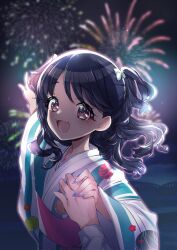Rule 34 | 1girl, absurdres, black hair, blue nails, bow, commentary request, fangs, fireworks, fukumaru koito, hair bow, hand grab, highres, idolmaster, idolmaster shiny colors, japanese clothes, kimono, long hair, looking at viewer, mochitsuki kagami, night, night sky, open mouth, outdoors, pointing, pov, pov hands, purple eyes, skin fangs, sky, swept bangs, two side up, upper body, yukata