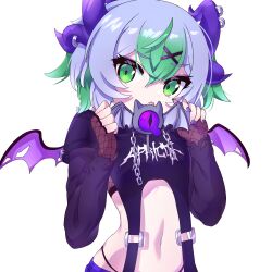Rule 34 | apricot the lich, apricot the lich (8th costume), demon girl, demon horns, green eyes, grey hair, highres, horns, multicolored hair, navel, pacifier, purple wings, tagme, virtual youtuber, vshojo, wings