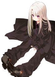 Rule 34 | 1girl, :t, black footwear, black jacket, black necktie, black pants, blush, closed mouth, collarbone, collared shirt, commentary request, cosplay, emiya kiritsugu, emiya kiritsugu (cosplay), fate/kaleid liner prisma illya, fate (series), fingernails, formal, grey shirt, hair between eyes, highres, illyasviel von einzbern, jacket, long sleeves, looking away, miruto netsuki, necktie, oversized clothes, pants, purple eyes, shirt, shoe soles, shoes, simple background, sleeves past wrists, solo, suit, tears, wavy mouth, white background, white hair