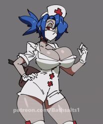 Rule 34 | 1girl, animated, animated gif, bathsalts, blue hair, bouncing breasts, breasts, choker, cowboy shot, gloves, grey background, hair over one eye, half-closed eyes, hat, huge breasts, latex, latex gloves, mouth mask, nurse cap, pasties, ponytail, red eyes, skullgirls, solo, surgical mask, unbuttoned, unbuttoned shirt, valentine (skullgirls)