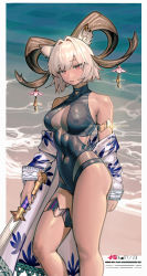Rule 34 | 1girl, absurdres, animal ears, arknights, bare shoulders, beach, black one-piece swimsuit, breasts, carnelian (arknights), carnelian (shining dew) (arknights), cleavage cutout, clothing cutout, constant qiu, covered erect nipples, covered navel, dark-skinned female, dark skin, feet out of frame, goat ears, goat girl, goat horns, highres, holding, holding sword, holding weapon, horn ornament, horns, jacket, large breasts, looking at viewer, off shoulder, official alternate costume, open clothes, open jacket, outdoors, red eyes, sand, short hair, solo, swimsuit, sword, thigh strap, thighs, water, weapon, white hair, white jacket