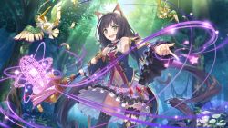 Rule 34 | 1girl, animal ear fluff, animal ears, bare shoulders, bird, black hair, cat ears, cat tail, cross tie, cygames, falling feathers, feathers, forest, green eyes, karyl (princess connect!), kneehighs, layered sleeves, long hair, multicolored hair, nature, navel, official art, princess connect!, socks, solo, staff, streaked hair, tail, very long hair