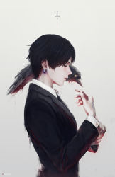 Rule 34 | 1boy, adjusting clothes, animal, animal on shoulder, bird, bird on shoulder, black hair, black necktie, chrollo lucilfer, closed eyes, closed mouth, cross, crow, earrings, eyelashes, formal, from side, grey background, hunter x hunter, inverted cross, jewelry, long sleeves, male focus, necktie, rainnoir, shirt, short hair, simple background, suit, tattoo, upper body, white shirt
