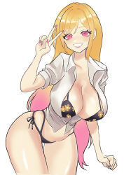 Rule 34 | 1girl, bikini, black bikini, blonde hair, breasts, breasts out, cleavage, kitagawa marin, large breasts, leaning forward, legs, open clothes, open shirt, pink eyes, pink lips, smile, sono bisque doll wa koi wo suru, swimsuit, thighs, v