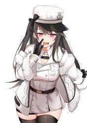 Rule 34 | 1girl, absurdres, arm up, azur lane, black gloves, black hair, black thighhighs, blush, breasts, cleavage, coat, coat dress, fur-trimmed coat, fur trim, gloves, hat, highres, large breasts, long hair, long sleeves, looking at viewer, open mouth, padded coat, pamiat merkuria (azur lane), purple eyes, russian clothes, simple background, smile, solo, thighhighs, thighs, white background, white hat, zhzhrs