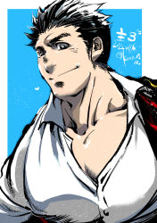 Rule 34 | 1boy, black eyes, black hair, blue background, border, closed mouth, collared shirt, commentary request, dated, heart, jacket, kano (kano to10), large pectorals, long sideburns, looking at viewer, male focus, muscular, muscular male, outside border, pectoral cleavage, pectorals, protagonist 3 (housamo), shirt, short hair, sideburns, simple background, smile, solo, thick eyebrows, tokyo houkago summoners, translated, twitter username, upper body, white border, white shirt