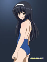 Rule 34 | 1girl, ass, black hair, blue one-piece swimsuit, blush, breasts, brown eyes, girls und panzer, hairband, highres, long hair, naotosi, one-piece swimsuit, open mouth, reizei mako, small breasts, smile, solo, swimsuit