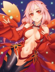 Rule 34 | 1girl, bare shoulders, breasts, center opening, cleavage, detached sleeves, fingerless gloves, gloves, guilty crown, hair ornament, hairclip, long hair, looking at viewer, medium breasts, navel, no bra, pink hair, red eyes, rotix, solo, thighhighs, twintails, yuzuriha inori