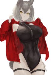 Rule 34 | 1girl, absurdres, alternate breast size, animal ears, arknights, bare shoulders, black one-piece swimsuit, breasts, commentary request, cowboy shot, hair between eyes, highres, jacket, kajuu, large breasts, looking at viewer, one-piece swimsuit, open clothes, open jacket, partial commentary, projekt red (arknights), projekt red (light breeze) (arknights), red jacket, short hair, silver hair, simple background, solo, standing, swimsuit, thigh strap, thighs, white background, wolf ears, yellow eyes
