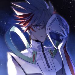 Rule 34 | 1boy, bad id, bad lofter id, bodysuit, bright pupils, dangle earrings, earrings, expressionless, high collar, highres, holding, holding mask, jewelry, kogami ryoken, male focus, mask, multicolored hair, naoki (2rzmcaizerails6), night, night sky, outdoors, red hair, removing mask, revolver (yu-gi-oh!), sidelighting, sky, star (sky), turtleneck, turtleneck bodysuit, unworn mask, upper body, white bodysuit, white mask, yu-gi-oh!, yu-gi-oh! vrains