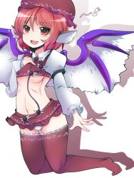 Rule 34 | 1girl, adapted costume, animal ears, areola slip, blush, breasts, doku corne, full body, hat, highres, mystia lorelei, navel, open mouth, panties, pink hair, purple thighhighs, red eyes, short hair, simple background, skirt, small breasts, smile, solo, thighhighs, touhou, underboob, underwear, white background, white panties, wings