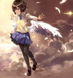 Rule 34 | 1girl, :o, above clouds, angel wings, black pantyhose, blue necktie, brown hair, clothes lift, cloud, cloudy sky, eyebrows, feathered wings, feathers, flying, grey eyes, highres, loafers, long sleeves, looking to the side, low wings, necktie, open mouth, original, outstretched arms, pantyhose, pleated skirt, school uniform, shirt, shoes, short hair, skirt, skirt lift, sky, solo, spread arms, tan (tangent), vest, white shirt, wind, wind lift, wing collar, wings