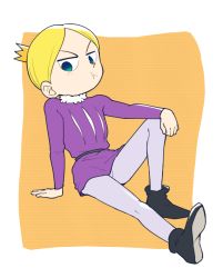 Rule 34 | 1boy, aboutama, blonde hair, blue eyes, child, crown, daida, frown, knee up, male focus, ousama ranking, pants, pout, prince, purple shirt, shirt, shoes, short hair, sitting, solo, white pants