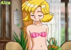 Rule 34 | 1girl, animated, bikini, blonde hair, blurry, blurry background, blush, breasts, chair, curtains, idol janshi suchie-pai, looking at viewer, navel, red eyes, small breasts, sonoda ken&#039;ichi, sound, striped bikini, striped clothes, swimsuit, table, towel, two-tone bikini, vertical-striped bikini, vertical-striped clothes, video