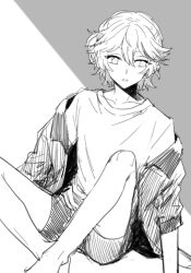 Rule 34 | 1boy, against wall, dankira!!!, facing viewer, highres, hinata mahiru, jacket, looking to the side, male focus, monochrome, open mouth, parted lips, shirt, short hair, shorts, sitting, sketch, solo, trap, yukinotihare