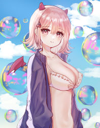Rule 34 | 1girl, ball, beachball, bikini, blush, breasts, bubble, cleavage, collarbone, commentary request, danganronpa (series), danganronpa 2: goodbye despair, day, detached wings, frills, front-tie bikini top, front-tie top, hair ornament, hairclip, highres, horns, jacket, light brown hair, looking at viewer, medium hair, mini wings, nanami chiaki, navel, open clothes, pink eyes, purple jacket, smile, snow finale, solo, stomach, swimsuit, upper body, virtual youtuber, wings