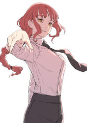 Rule 34 | 1girl, absurdres, black necktie, black pants, braid, braided ponytail, chainsaw man, collared shirt, floating hair, floating neckwear, highres, kawayabug, long hair, looking at viewer, makima (chainsaw man), necktie, pants, parted lips, pointing, pointing at viewer, red hair, ringed eyes, shirt, shirt tucked in, sidelocks, simple background, smile, solo, white background, white shirt, yellow eyes