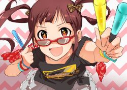 Rule 34 | + +, 1girl, animal print, black shirt, bow, breasts, brown eyes, brown hair, charin, collarbone, dot nose, frilled skirt, frills, gradient background, grey skirt, hair bow, hair ribbon, holding glowstick, idolmaster, idolmaster million live!, idolmaster million live! theater days, leopard print, looking at viewer, matsuda arisa, medium breasts, multiple bracelets, open mouth, pink background, print ribbon, red-framed eyewear, ribbon, shirt, short sleeves, simple background, skirt, sunglasses, twintails, upper body, v-shaped eyebrows