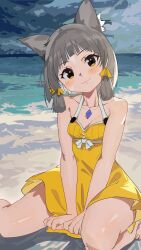 Rule 34 | 1girl, bare arms, bare shoulders, barefoot, beach, blush, breasts, brown eyes, cleavage, closed mouth, collarbone, commentary request, day, dress, facial mark, gbbgb321, grey hair, head tilt, highres, horizon, looking at viewer, nia (fancy sundress) (xenoblade), nia (xenoblade), ocean, on ground, outdoors, sand, sleeveless, sleeveless dress, small breasts, smile, solo, water, whisker markings, xenoblade chronicles (series), xenoblade chronicles 2, yellow dress