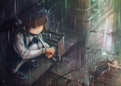 Rule 34 | 1girl, akamidoriao (rgb), bag, beret, black footwear, black hat, black skirt, brown eyes, brown hair, chromatic aberration, collared shirt, commentary request, dark, frog, hat, hatoba tsugu, holding, holding umbrella, loafers, long sleeves, making-of available, manhole, outdoors, pleated skirt, rain, road, shirt, shoes, short hair, skirt, solo, squatting, street, suspender skirt, suspenders, umbrella, virtual youtuber, white shirt, wing collar