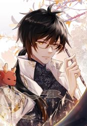 Rule 34 | 1boy, bespectacled, black hair, chrysos milk, earrings, genshin impact, glasses, hair between eyes, high collar, highres, holding, holding pen, jewelry, long sleeves, looking at viewer, male focus, pen, ponytail, simple background, solo, white background, yellow eyes, zhongli (genshin impact)