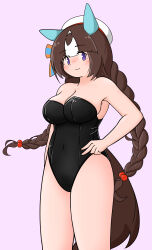 Rule 34 | 1girl, absurdres, alternate costume, animal ears, bare legs, bare shoulders, black leotard, blush, braid, breasts, brown hair, cleavage, commentary request, cowboy shot, ear covers, ear ornament, gradient background, highleg, highleg leotard, highres, hokko tarumae (umamusume), horse ears, horse girl, horse tail, large breasts, leotard, long hair, low twin braids, mintia1911, multicolored hair, nontraditional playboy bunny, solo, strapless, strapless leotard, streaked hair, tail, twin braids, umamusume, very long hair, white hair