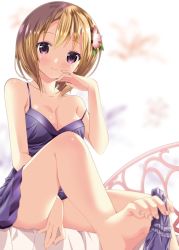 Rule 34 | 1girl, babydoll, bad id, bad pixiv id, bare arms, bare legs, bare shoulders, barefoot, bed, between legs, between toes, blush, breasts, brown hair, cleavage, closed mouth, collarbone, feet, holding with feet, gochuumon wa usagi desu ka?, hair ornament, hairclip, hand between legs, hand on own cheek, hand on own face, highres, holding, holding clothes, holding panties, holding underwear, hoto cocoa, kohakugin, leg up, lingerie, looking at viewer, medium breasts, no bra, no panties, on bed, panties, unworn panties, purple eyes, purple panties, short hair, sitting, smile, soles, solo, spaghetti strap, toenails, toes, underwear, white background
