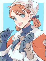 Rule 34 | 1girl, annette fantine dominic, blue eyes, braided hair rings, breasts, capelet, cleavage, fire emblem, fire emblem: three houses, fire emblem warriors: three hopes, fur collar, hat, looking at viewer, medium breasts, nintendo, official alternate costume, official alternate hairstyle, tenjin (ahan), white headwear