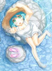 Rule 34 | 1girl, arm support, barefoot, blue hair, blush, breasts, cleavage, dress, from above, green eyes, hand on headwear, hat, highres, legs, looking up, olive (laai), original, rock, sandals, shoes, unworn shoes, short hair, sitting, sitting on rock, soaking feet, solo, straw hat, sun hat, sundress, water