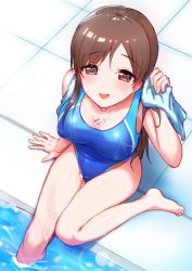 Rule 34 | 10s, 1girl, barefoot, breasts, brown eyes, brown hair, cleavage, competition swimsuit, from above, heart, heart-shaped pupils, idolmaster, idolmaster cinderella girls, idolmaster cinderella girls starlight stage, long hair, looking at viewer, nitta minami, one-piece swimsuit, shirona002, soaking feet, solo, swimsuit, symbol-shaped pupils, towel