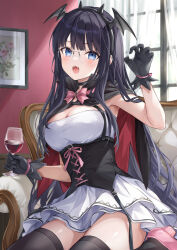 Rule 34 | 1girl, alcohol, armpits, bare shoulders, black choker, black gloves, black hair, black hairband, black thighhighs, blue eyes, bow, breasts, cape, choker, cleavage, cup, dress, drinking glass, fake horns, fake wings, fangs, glasses, gloves, hairband, hand up, head wings, higeneko, highres, holding, holding cup, horns, long hair, looking at viewer, medium breasts, open mouth, original, pink bow, pink footwear, pink ribbon, ribbon, rimless eyewear, shoes, short dress, sidelocks, sitting, sleeveless, sleeveless dress, solo, spaghetti strap, thighhighs, thighs, underbust, very long hair, white dress, wine, wine glass, wings, zettai ryouiki