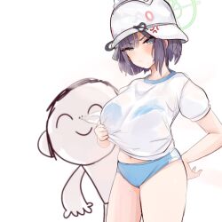 Rule 34 | anger vein, animal ears, doodle sensei (blue archive), bare legs, black hair, blue archive, blue eyes, blue shorts, breasts, clothes lift, commentary, fake animal ears, green halo, halo, hand on own hip, helmet, highres, large breasts, navel, saki (blue archive), see-through, see-through shirt, sensei (blue archive), shiming liangjing, shirt, short hair, shorts, simple background, smelling, thighs, wet, wet clothes, wet shirt, white background, white shirt