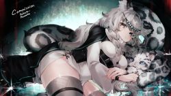 Rule 34 | 1girl, animal ears, arknights, black cape, braid, breasts, cape, commentary, commission, dress, grey eyes, grey hair, grey thighhighs, highres, kairi630, leopard ears, leopard girl, leopard tail, long hair, looking at viewer, lying, medium breasts, on side, pramanix (arknights), side braid, solo, tail, thighhighs, thighs, tiara, watch, white dress, wristwatch