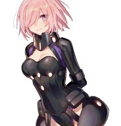 Rule 34 | 1girl, armor, armored leotard, arms behind back, black armor, black leotard, breasts, chocoan, commentary, fate/grand order, fate (series), hair over one eye, highleg, highleg leotard, highres, large breasts, leotard, light purple hair, looking at viewer, mash kyrielight, mash kyrielight (ortenaus), purple eyes, short hair, smile, solo