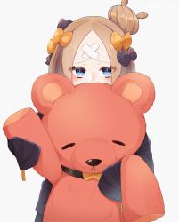 Rule 34 | 1girl, abigail williams (fate), abigail williams (traveling outfit) (fate), absurdres, bandaid, bandaid on face, bandaid on forehead, black bow, black jacket, blonde hair, blue eyes, bow, crossed bandaids, fate/grand order, fate (series), forehead, hair bow, hair bun, heroic spirit traveling outfit, highres, jacket, kubomi 943, long hair, long sleeves, multiple bows, official alternate costume, orange bow, parted bangs, polka dot, polka dot bow, single hair bun, sleeves past fingers, sleeves past wrists, solo