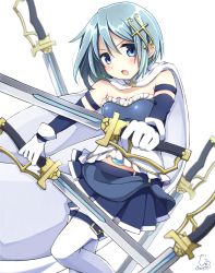 Rule 34 | 1girl, armband, bare shoulders, blue eyes, blue hair, blue skirt, breasts, cape, cleavage, detached sleeves, dual wielding, fortissimo, frilled shirt, frills, gem, gloves, hair between eyes, hair ornament, highres, holding, holding sword, holding weapon, light blue hair, long sleeves, looking at viewer, magical girl, mahou shoujo madoka magica, mahou shoujo madoka magica (anime), medium breasts, miki sayaka, miniskirt, misoradeko, musical note, musical note hair ornament, open mouth, pleated skirt, shirt, short hair, simple background, skirt, solo, soul gem, sword, thighhighs, weapon, white background, white cape, white gloves, white thighhighs