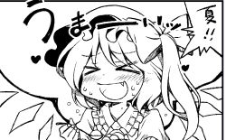Rule 34 | &gt; &lt;, 1girl, blush, bow, closed eyes, fang, female focus, flandre scarlet, food, greyscale, hair bow, hat, heart, honda (artist), honda (mtp), monochrome, open mouth, short hair, side ponytail, solo, spoon, touhou, wings