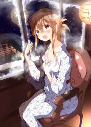 Rule 34 | 1girl, alternate costume, blush, brown eyes, brown hair, chair, collarbone, folded ponytail, hair between eyes, highres, inazuma (kancolle), indoors, japanese clothes, kantai collection, kimono, long sleeves, night, numpopo, open mouth, ponytail, sidelocks, sitting, solo, steam, wide sleeves, window