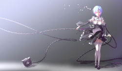 Rule 34 | 10s, 1girl, apron, ball and chain (weapon), black footwear, black ribbon, black skirt, blue hair, breasts, chain, choker, cleavage, detached sleeves, flail, frilled skirt, frills, full body, garter straps, grey background, hair between eyes, hair ornament, hair over one eye, heterochromia, highres, holding, holding weapon, looking at viewer, mary janes, morning star, neck ribbon, outstretched arm, re:zero kara hajimeru isekai seikatsu, red eyes, rem (re:zero), ribbon, ribbon-trimmed sleeves, ribbon-trimmed thighhighs, ribbon trim, shenhai (2556146833), shoes, short hair, signature, skirt, small breasts, solo, spiked ball and chain, standing, thighhighs, torn clothes, torn thighhighs, weapon, white apron, white thighhighs