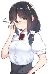 Rule 34 | 1girl, adjusting eyewear, black hair, blush, bow, bowtie, breasts, brown eyes, cat hair ornament, closed mouth, collared shirt, commentary request, dress shirt, glasses, grey skirt, hair ornament, hair over shoulder, hand up, head tilt, high-waist skirt, highres, long hair, medium breasts, original, puffy short sleeves, puffy sleeves, red bow, red bowtie, shirt, short sleeves, sidelocks, simple background, skirt, smile, solo, white background, white shirt, yuki arare